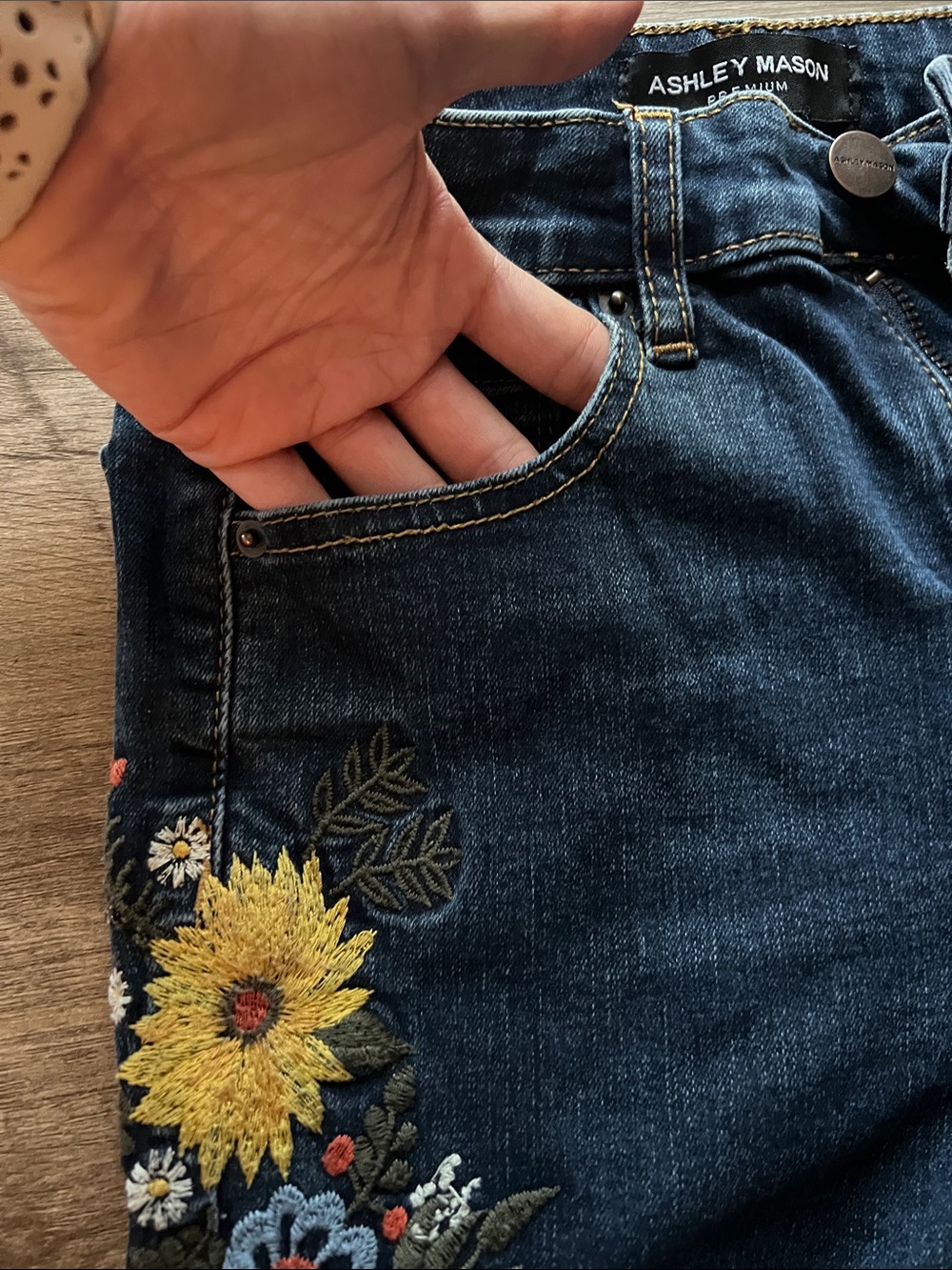 Ashley Mason Dark Blue Straight-Leg Jeans with Floral Embroidery - Picture 3 of 9